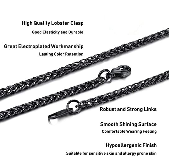 Glamon Stainless Steel Black Color Wheat Chain For Men Women