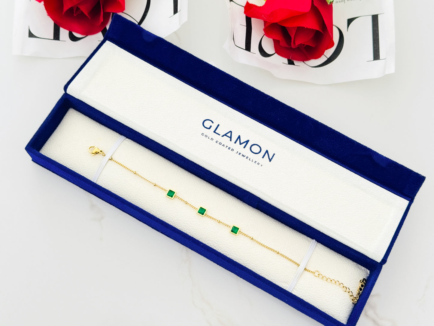 Glamon Green Zircon Bracelet – Gold Coated Luxury Chain Bracelet for Women | Emerald-Tone Zircon Stones | Adjustable Elegant Gift Jewelry for Daily Wear & Special Occasions