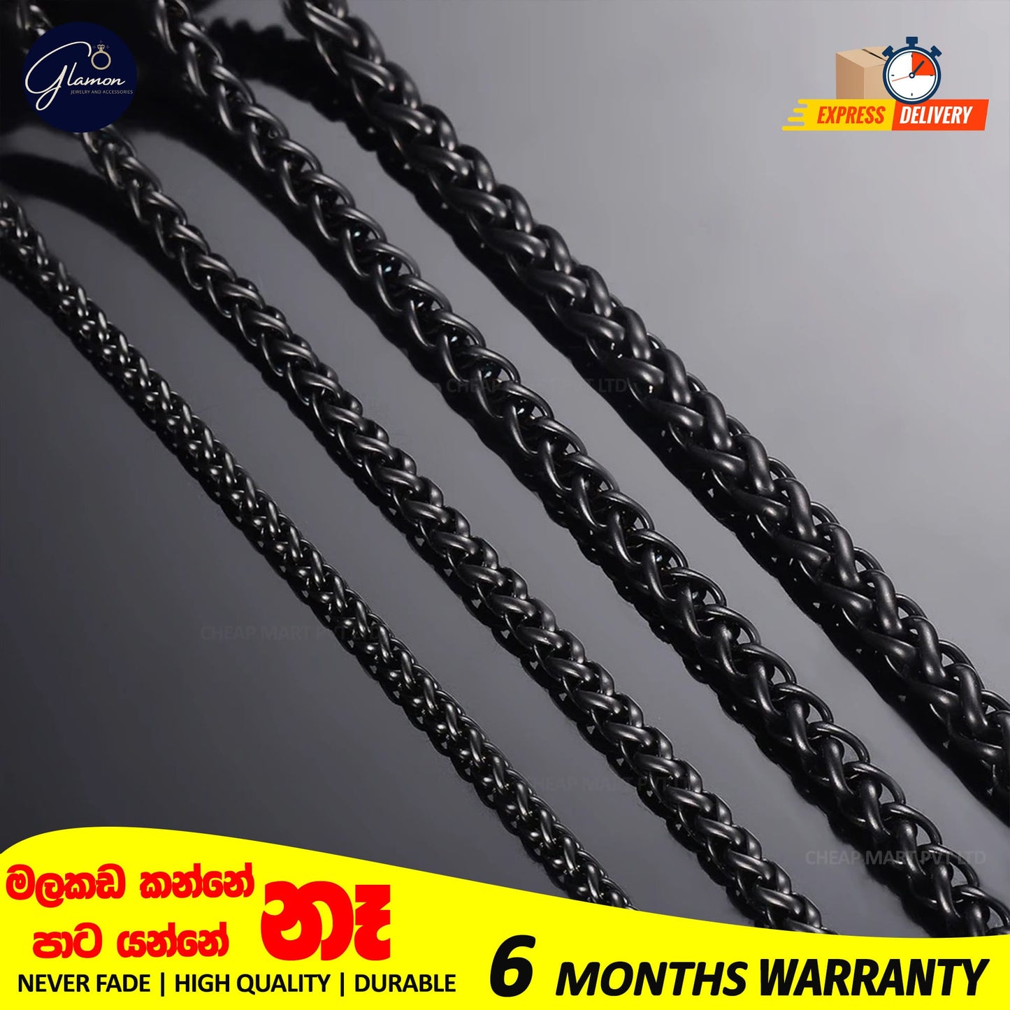 Glamon Stainless Steel Black Color Wheat Chain For Men Women