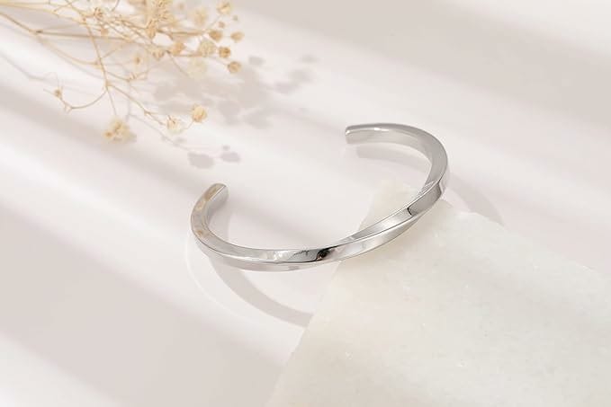 Stainless Steel Bangle for Men Women Simple Twisted Cuff Silver Bracelet Unisex