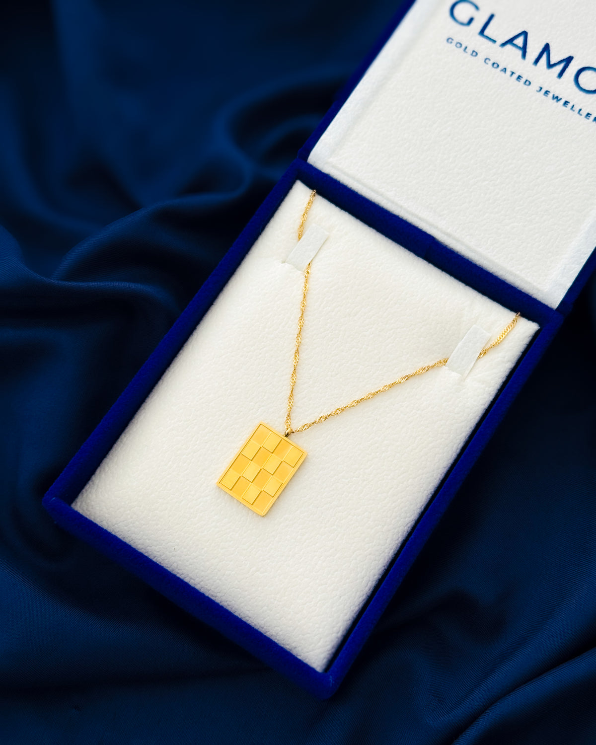 Glamon Checkered Pendant Necklace for Men – Gold Coated 316L Stainless Steel Chain Waterproof Premium Gift For men