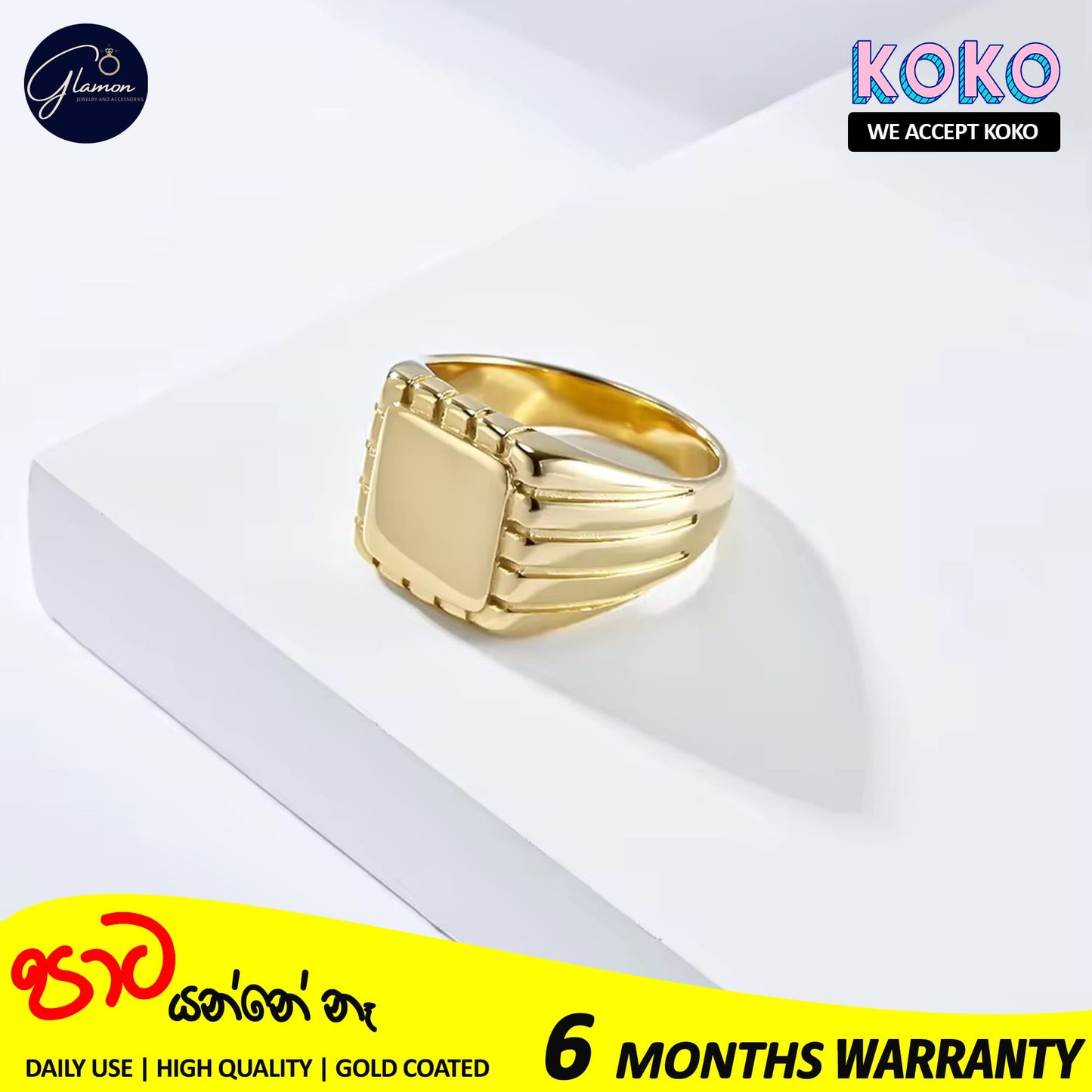 Glamon The Regal Signet Ring For Boys Gold Coated 316L Stainless Steel Casual Trendy Stylish Mens Ring