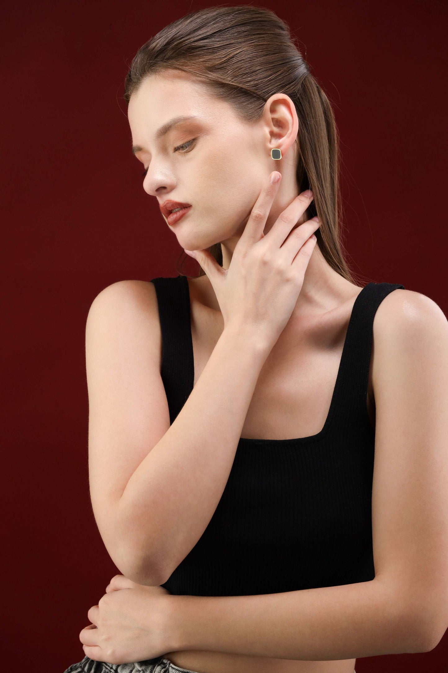 Glamon Dark Luxe Earrings – Gold Coated Black Minimal Stud Earrings for Women Sri Lanka