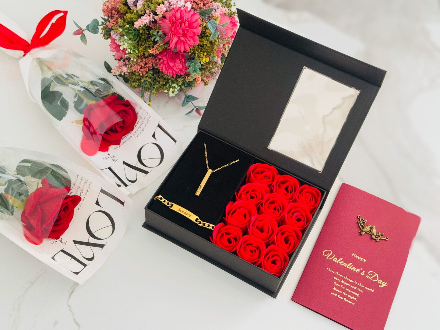 Valentine Special Jewelry Gift Box - name necklace name bracelet with roses gift box and bag-GOLD/SILVER