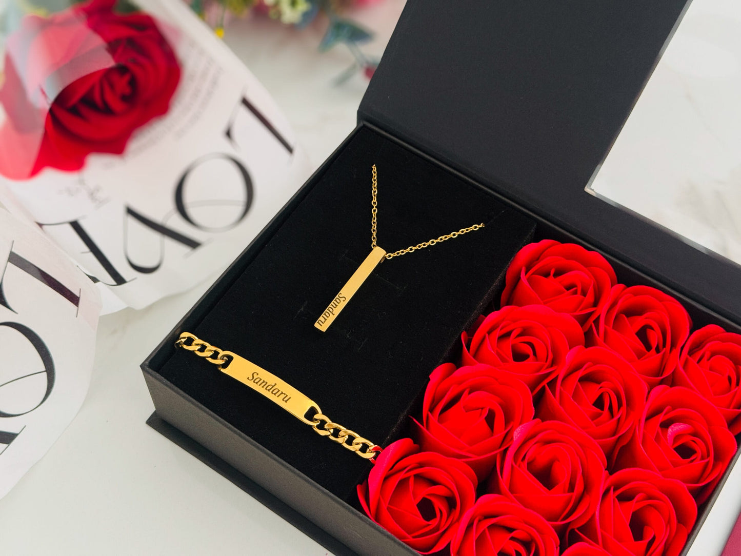 Valentine Special Jewelry Gift Box - name necklace name bracelet with roses gift box and bag-GOLD/SILVER