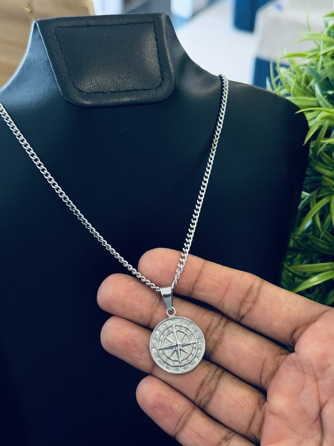Compass Necklace and Cuban Link Chain SILVER 60cm Never Fade Waterproof Jewellery