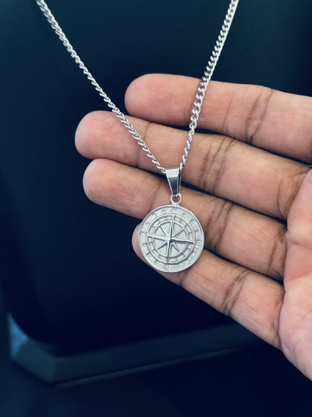 Compass Necklace and Cuban Link Chain SILVER 60cm Never Fade Waterproof Jewellery