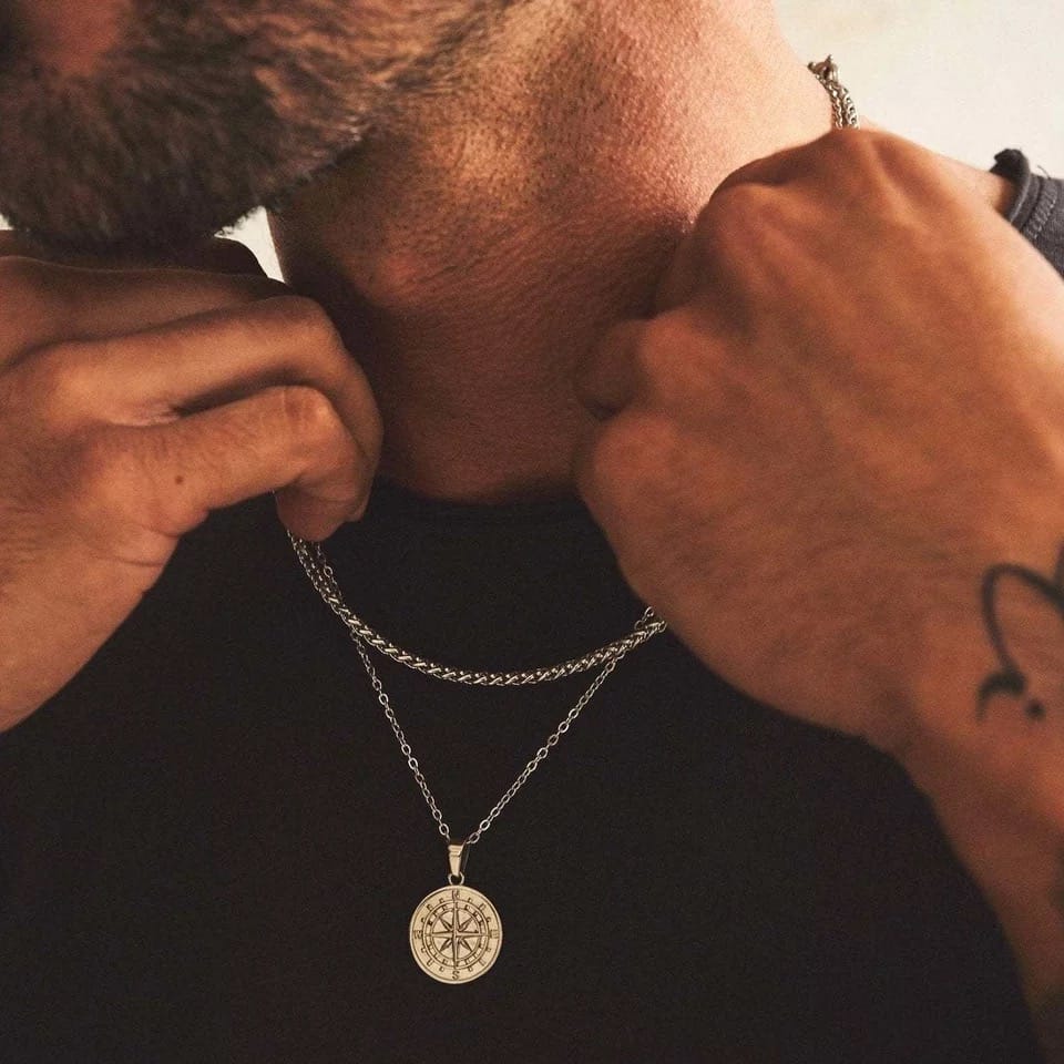 Glamon Compass Necklaces for Men 24K Gold Plated Stainless Steel pendant chain Necklace for Boys Jewellery