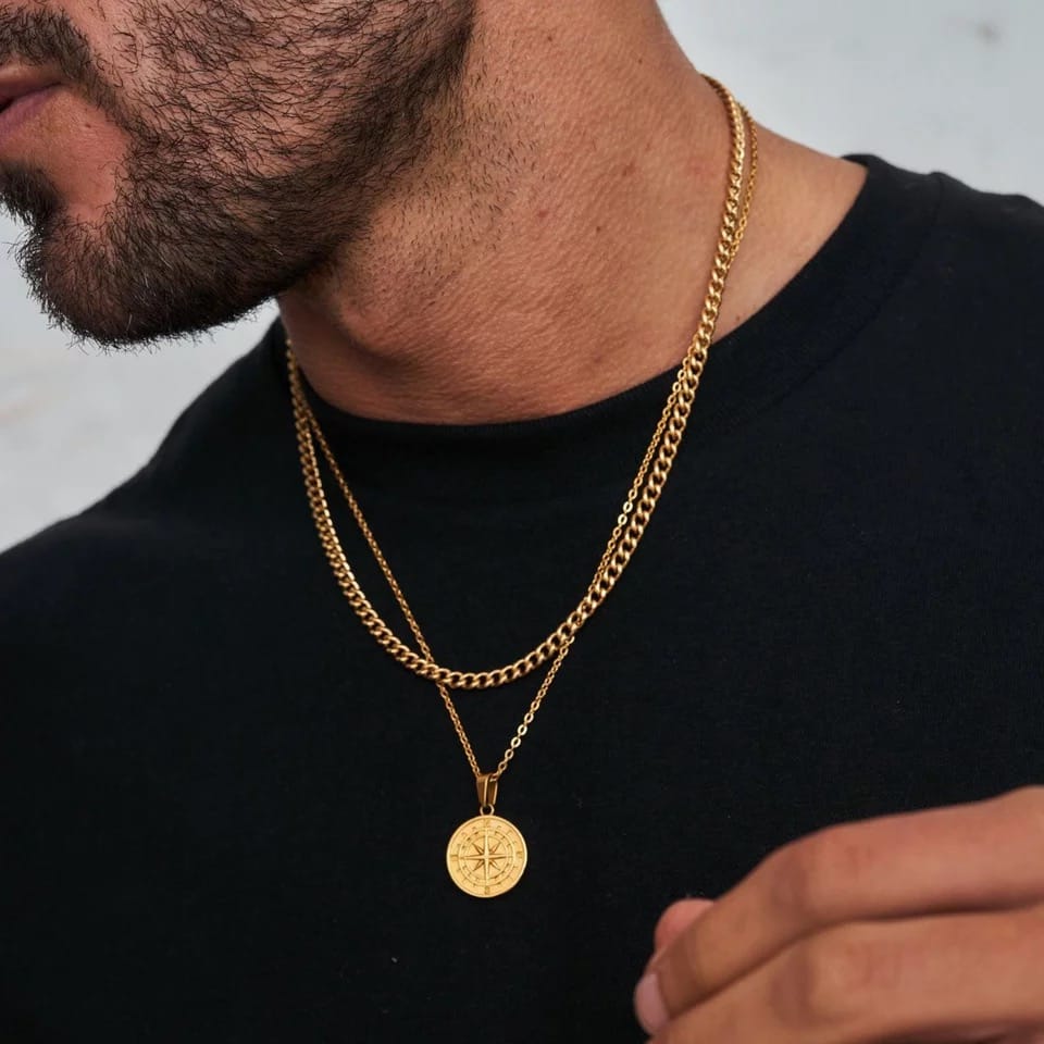 Glamon Compass Necklaces for Men 24K Gold Plated Stainless Steel pendant chain Necklace for Boys Jewellery