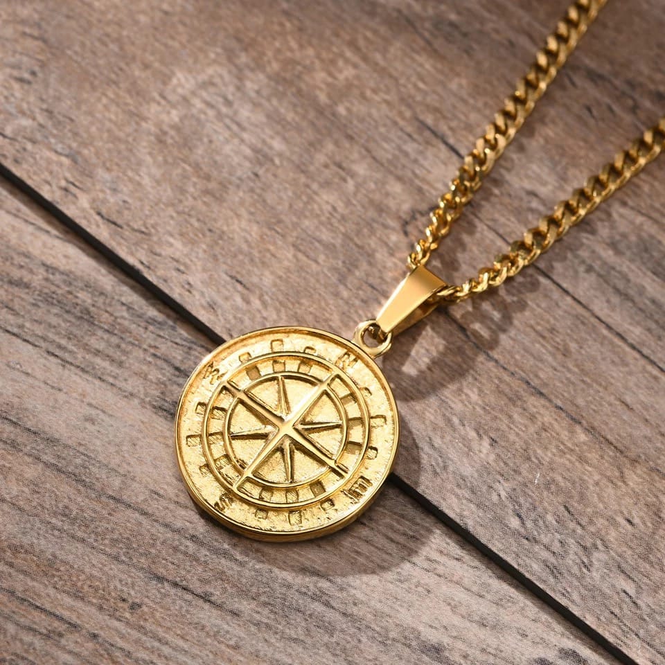 Glamon Compass Necklaces for Men 24K Gold Plated Stainless Steel pendant chain Necklace for Boys Jewellery
