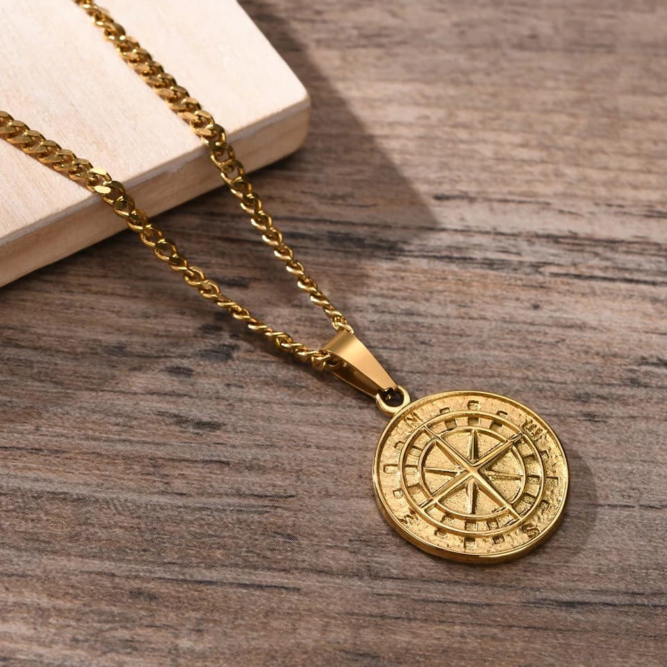 Glamon Compass Necklaces for Men 24K Gold Plated Stainless Steel pendant chain Necklace for Boys Jewellery