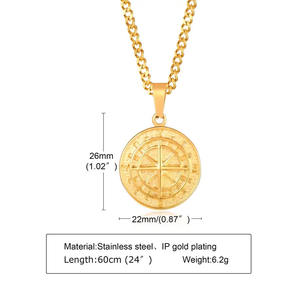 Glamon Compass Necklaces for Men 24K Gold Plated Stainless Steel pendant chain Necklace for Boys Jewellery