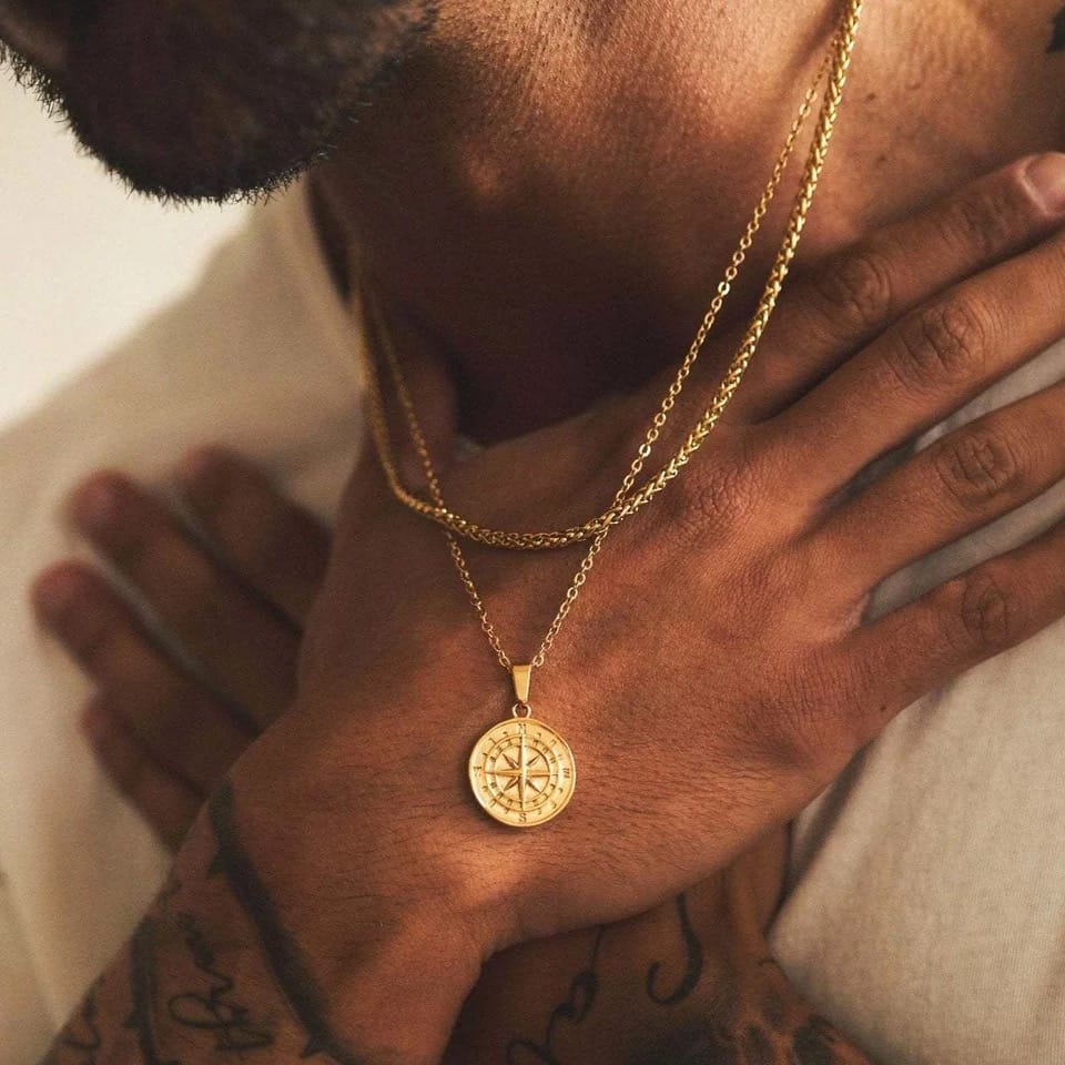 Glamon Compass Necklaces for Men 24K Gold Plated Stainless Steel pendant chain Necklace for Boys Jewellery