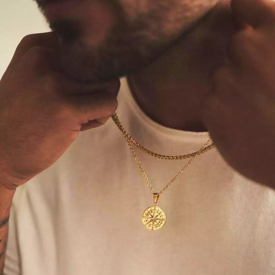 Glamon Compass Necklaces for Men 24K Gold Plated Stainless Steel pendant chain Necklace for Boys Jewellery