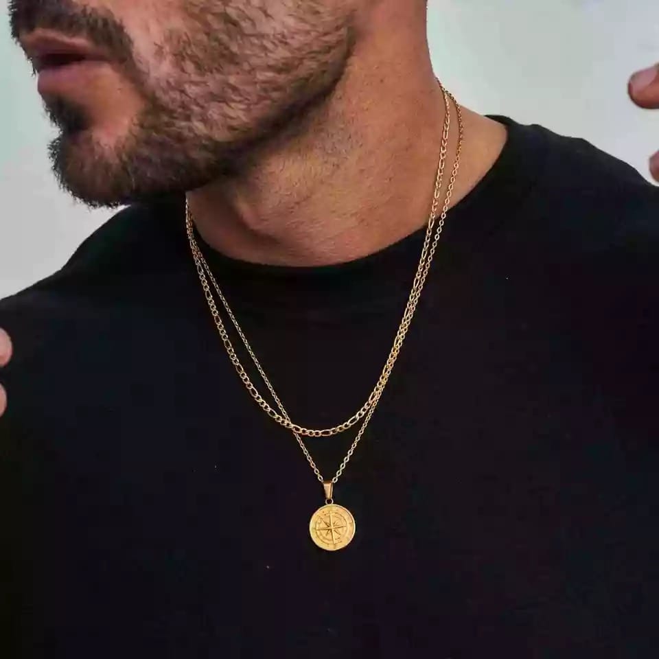 Glamon Compass Necklaces for Men 24K Gold Plated Stainless Steel pendant chain Necklace for Boys Jewellery