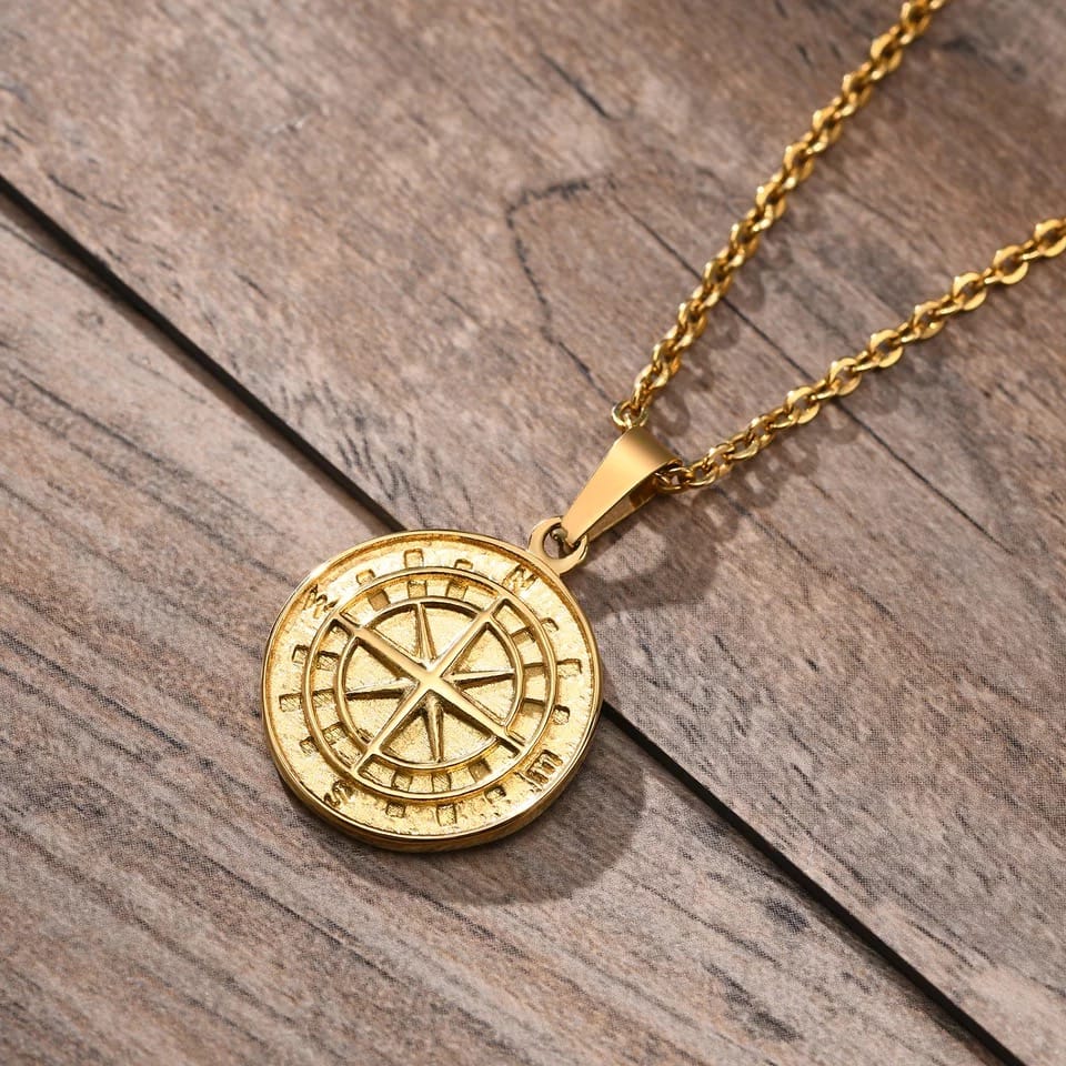 Glamon Compass Necklaces for Men 24K Gold Plated Stainless Steel pendant chain Necklace for Boys Jewellery