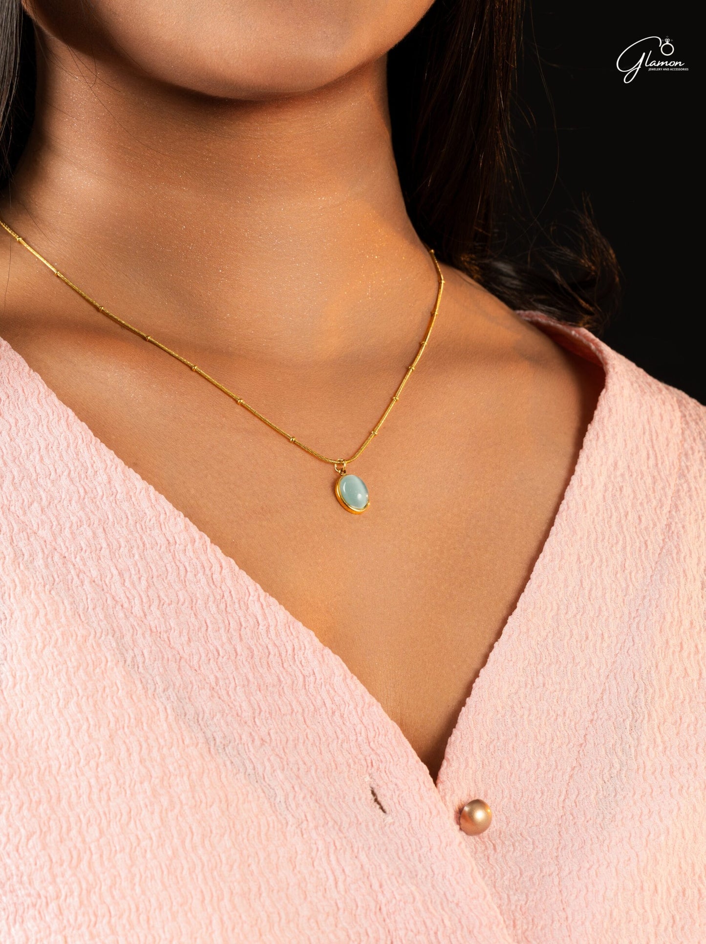 Glamon Lake Blue Opal Oval Heart Pendant necklace for girls Gold Coated High Quality Stainless Steel Chain With Cat Eye Stone neckless for girls chain women