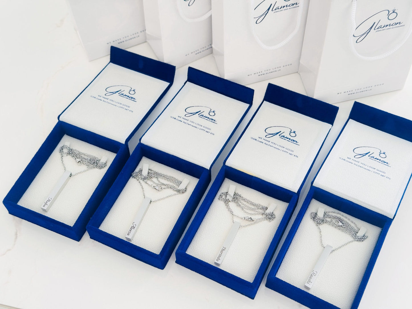 Glamon Customized Name Necklace Gift For Girls Boys - UNISEX Pendant - SILVER- FREE Box and Gift Bag