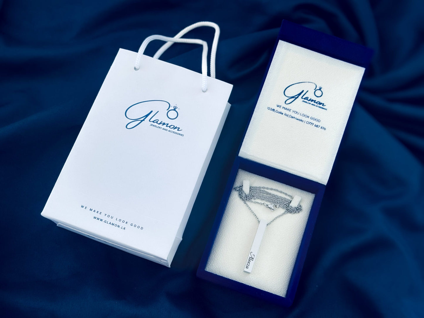 Glamon Customized Name Necklace Gift For Girls Boys - UNISEX Pendant - SILVER- FREE Box and Gift Bag