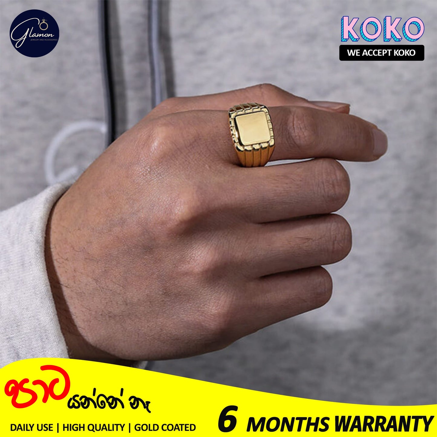 Glamon The Regal Signet Ring For Boys Gold Coated 316L Stainless Steel Casual Trendy Stylish Mens Ring