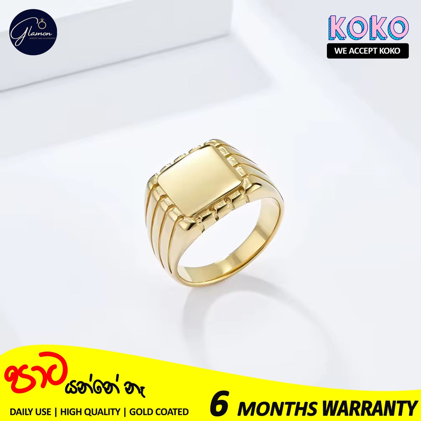 Glamon The Regal Signet Ring For Boys Gold Coated 316L Stainless Steel Casual Trendy Stylish Mens Ring