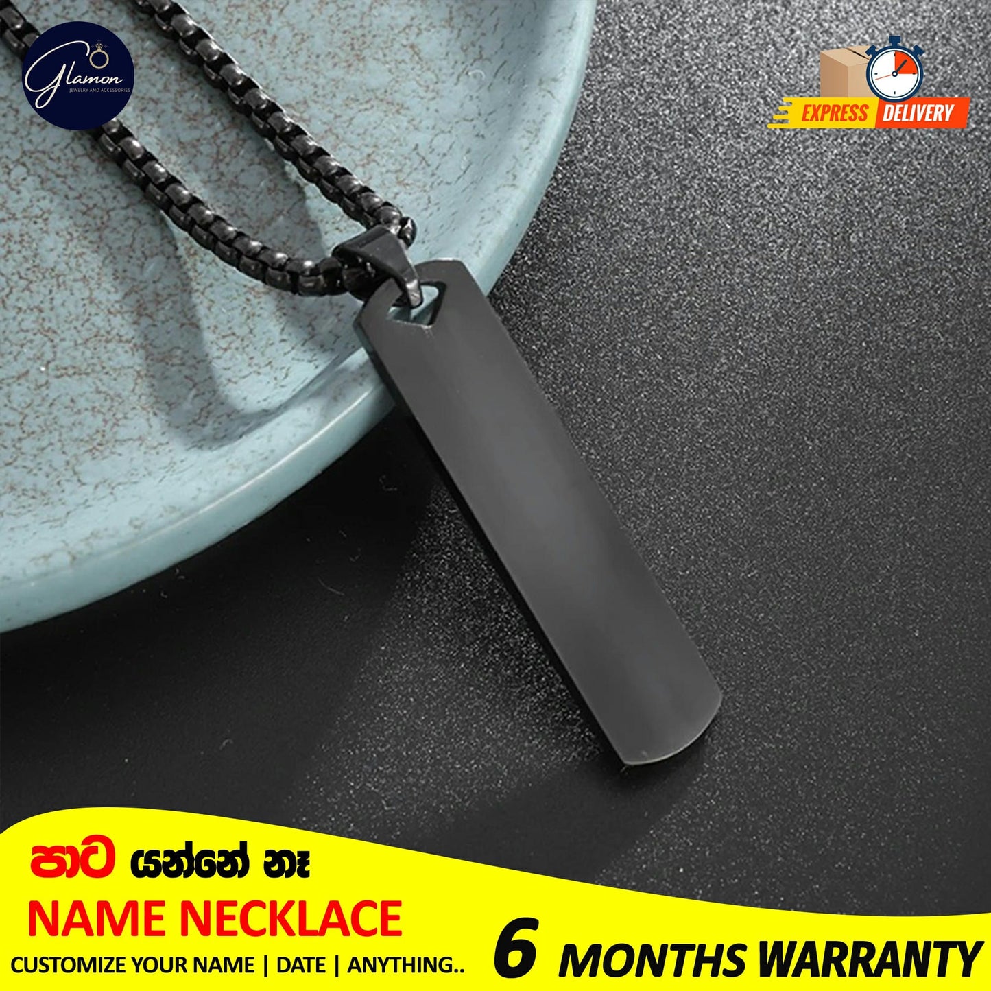 Square Name Pendant Necklace For Men Stainless Steel Customized Jewellery Gift Gold Silver Black
