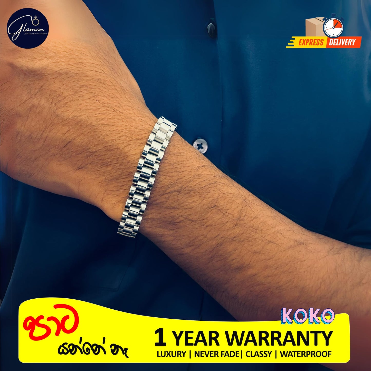 Glamon Silver Color 10mm Wide Wristband Bracelet For Men Waterproof Stainless Steel Mens bracelet