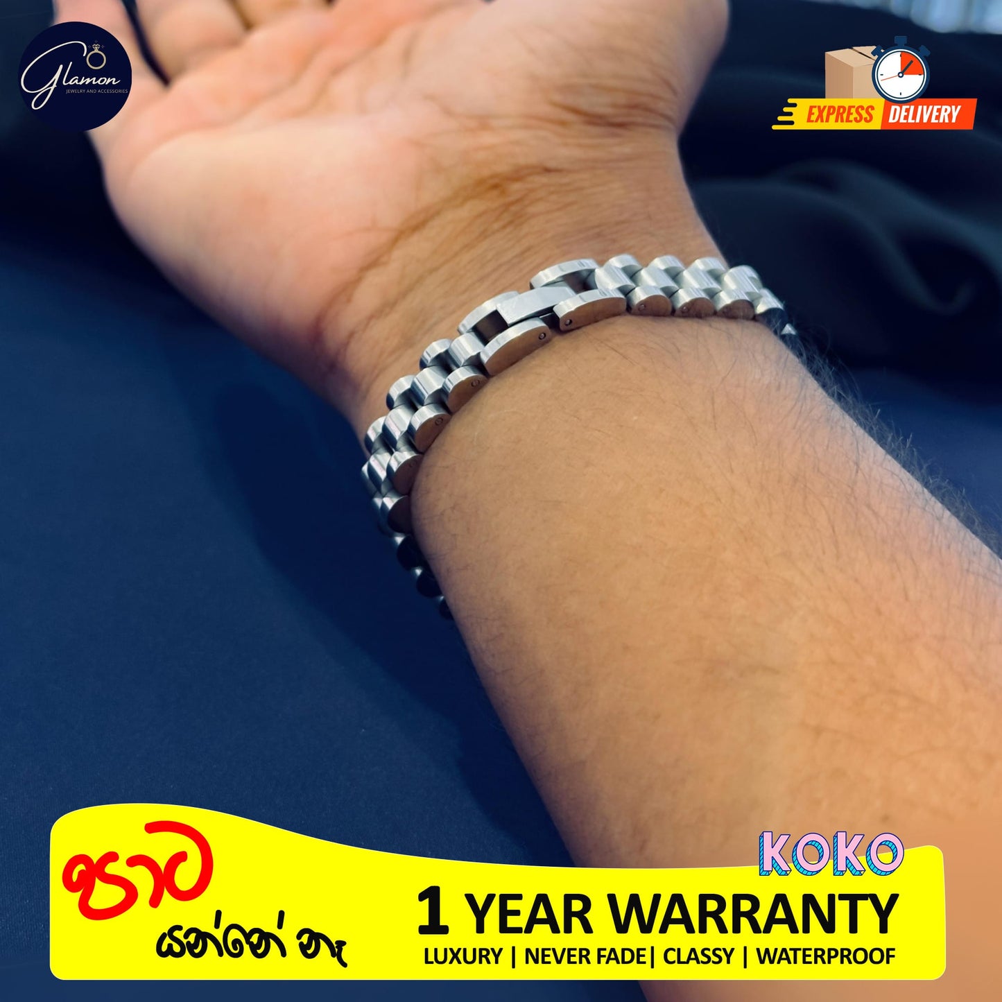 Glamon Silver Color 10mm Wide Wristband Bracelet For Men Waterproof Stainless Steel Mens bracelet