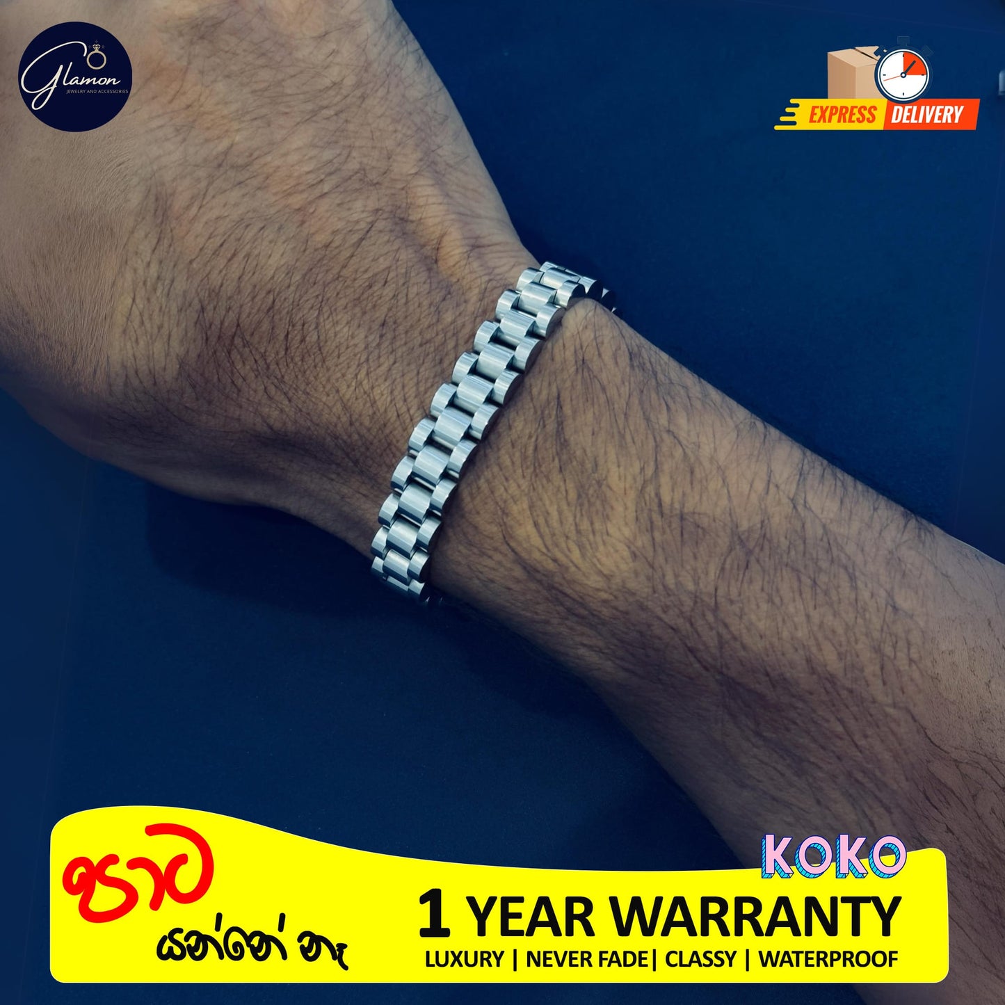 Glamon Silver Color 10mm Wide Wristband Bracelet For Men Waterproof Stainless Steel Mens bracelet