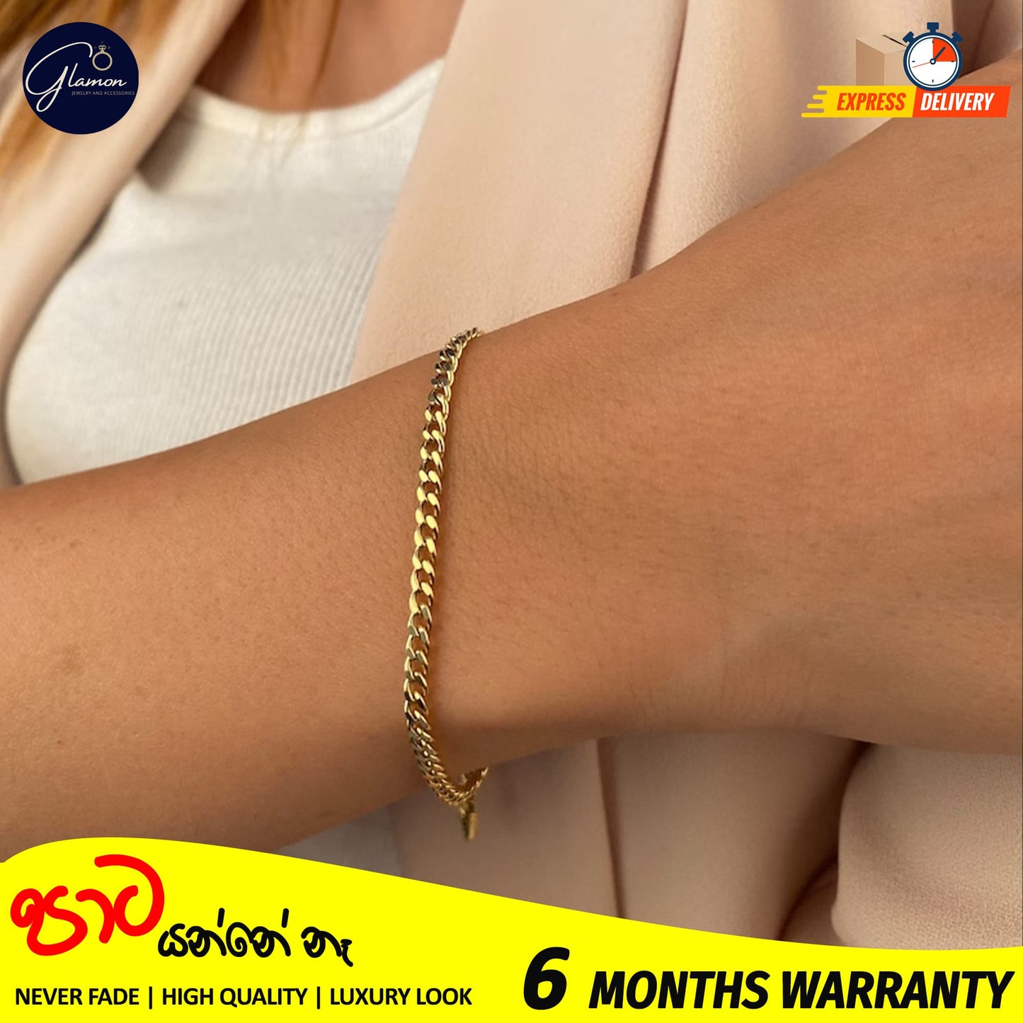 4mm Cuban Link Bracelet Gold Color Waterproof