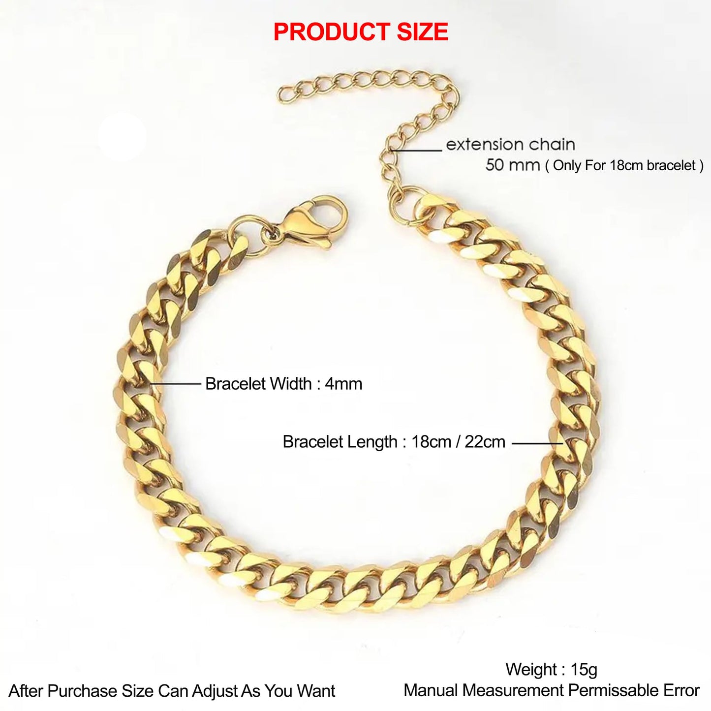 4mm Cuban Link Bracelet Gold Color Waterproof