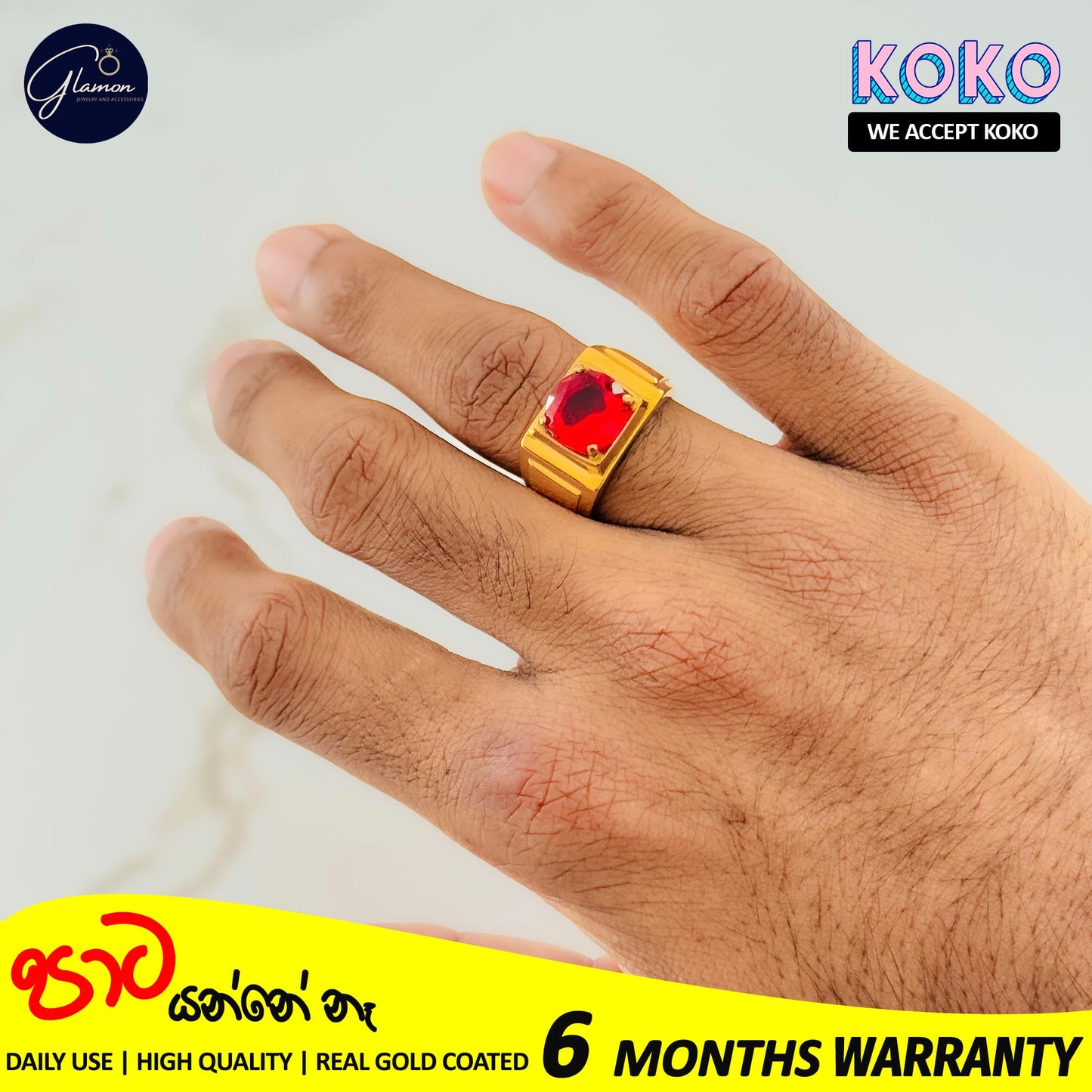 Glamon High Quality Gold Coated Red Zircon Ring For Men Stainless Steel Mens Rings Fashion Jewellery Gift For Boys