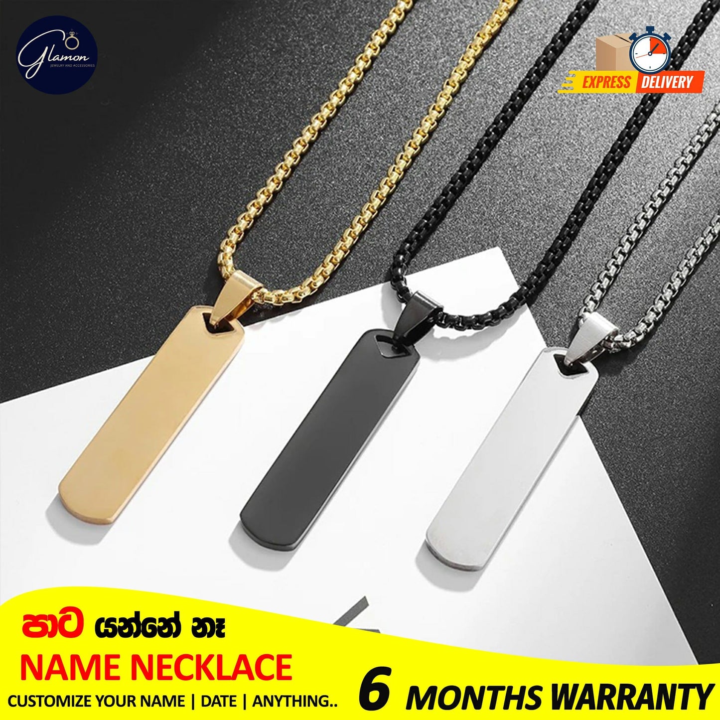 Square Name Pendant Necklace For Men Stainless Steel Customized Jewellery Gift Gold Silver Black