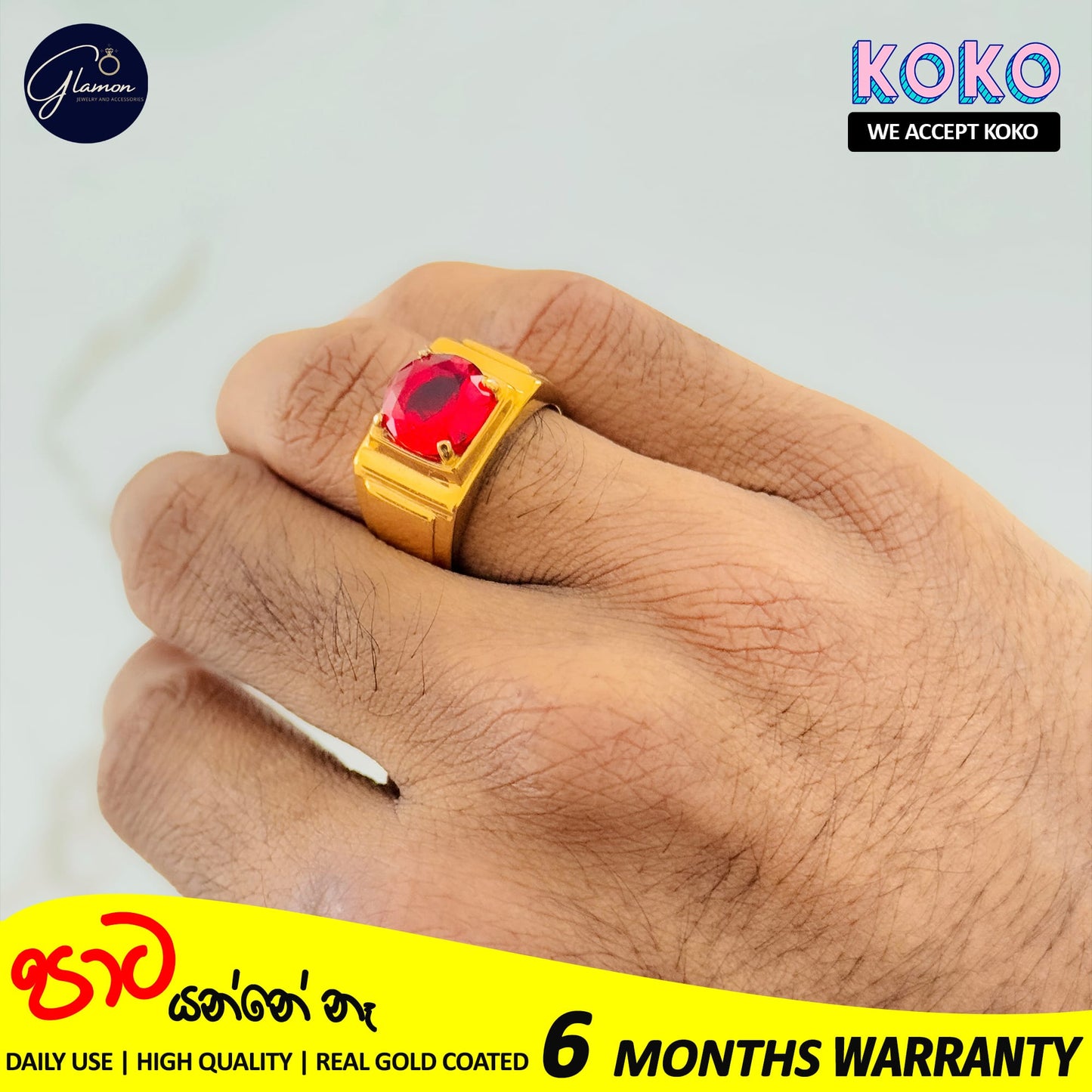 Glamon High Quality Gold Coated Red Zircon Ring For Men Stainless Steel Mens Rings Fashion Jewellery Gift For Boys