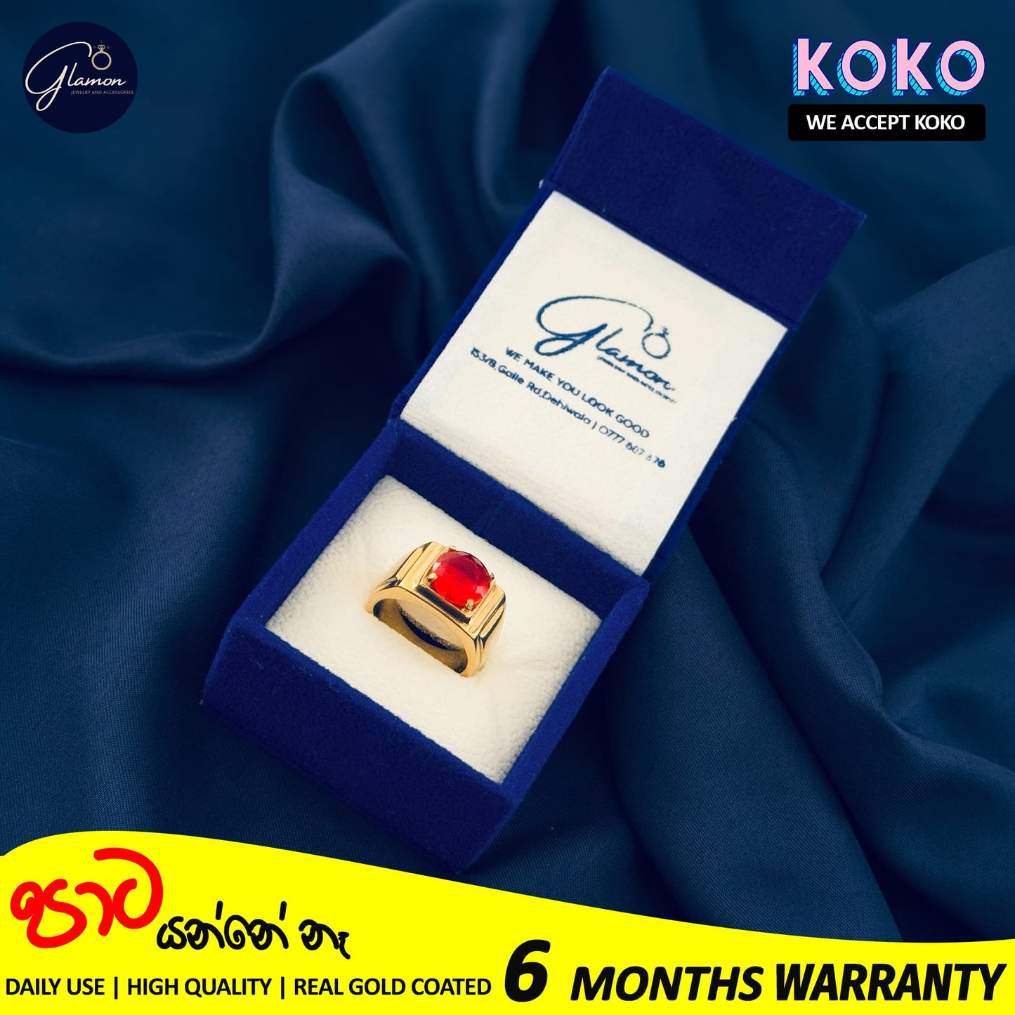 Glamon High Quality Gold Coated Red Zircon Ring For Men Stainless Steel Mens Rings Fashion Jewellery Gift For Boys