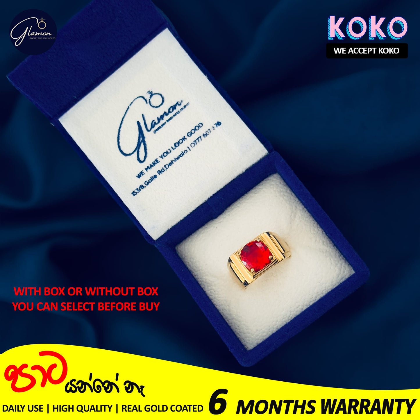 Glamon High Quality Gold Coated Red Zircon Ring For Men Stainless Steel Mens Rings Fashion Jewellery Gift For Boys