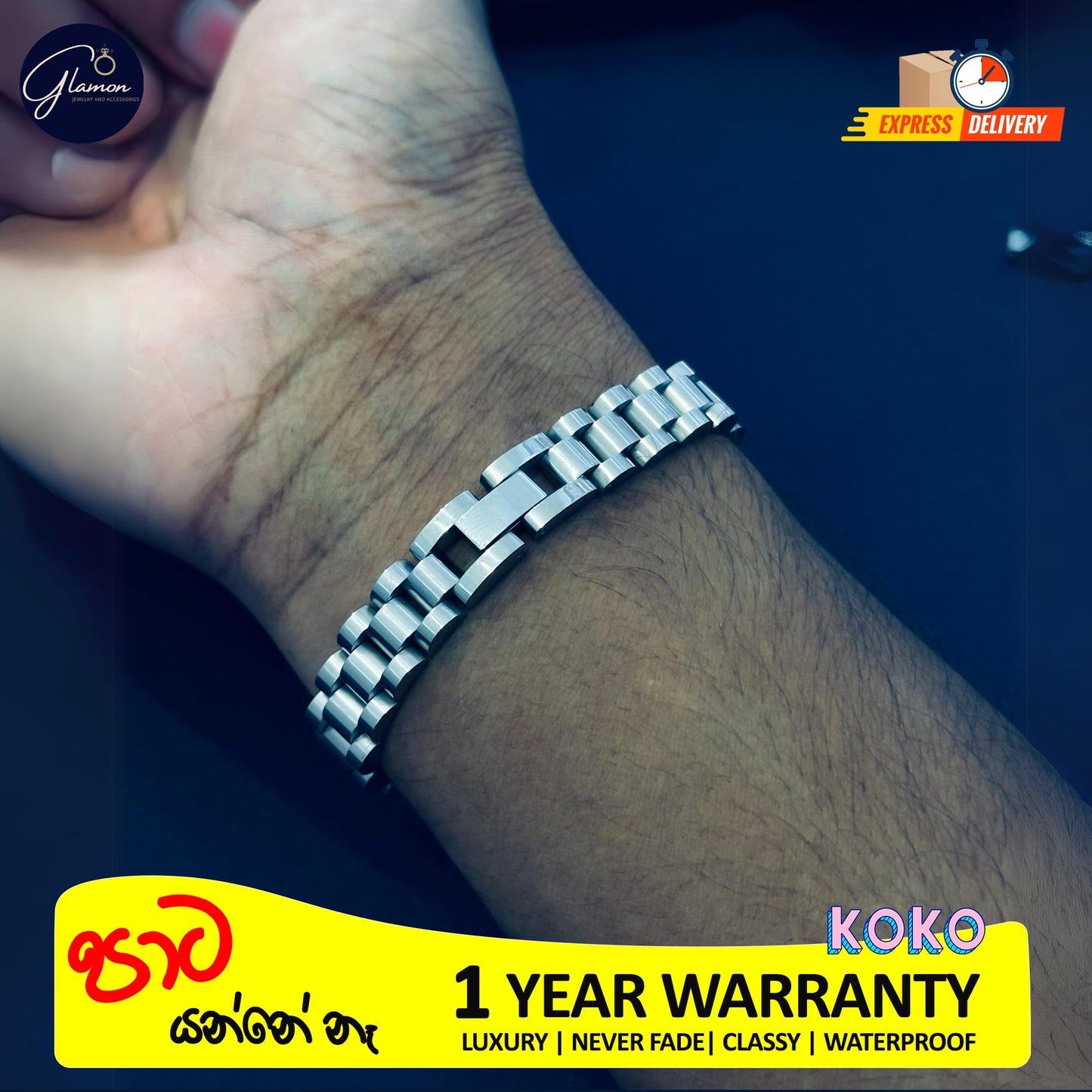 Glamon Silver Color 10mm Wide Wristband Bracelet For Men Waterproof Stainless Steel Mens bracelet