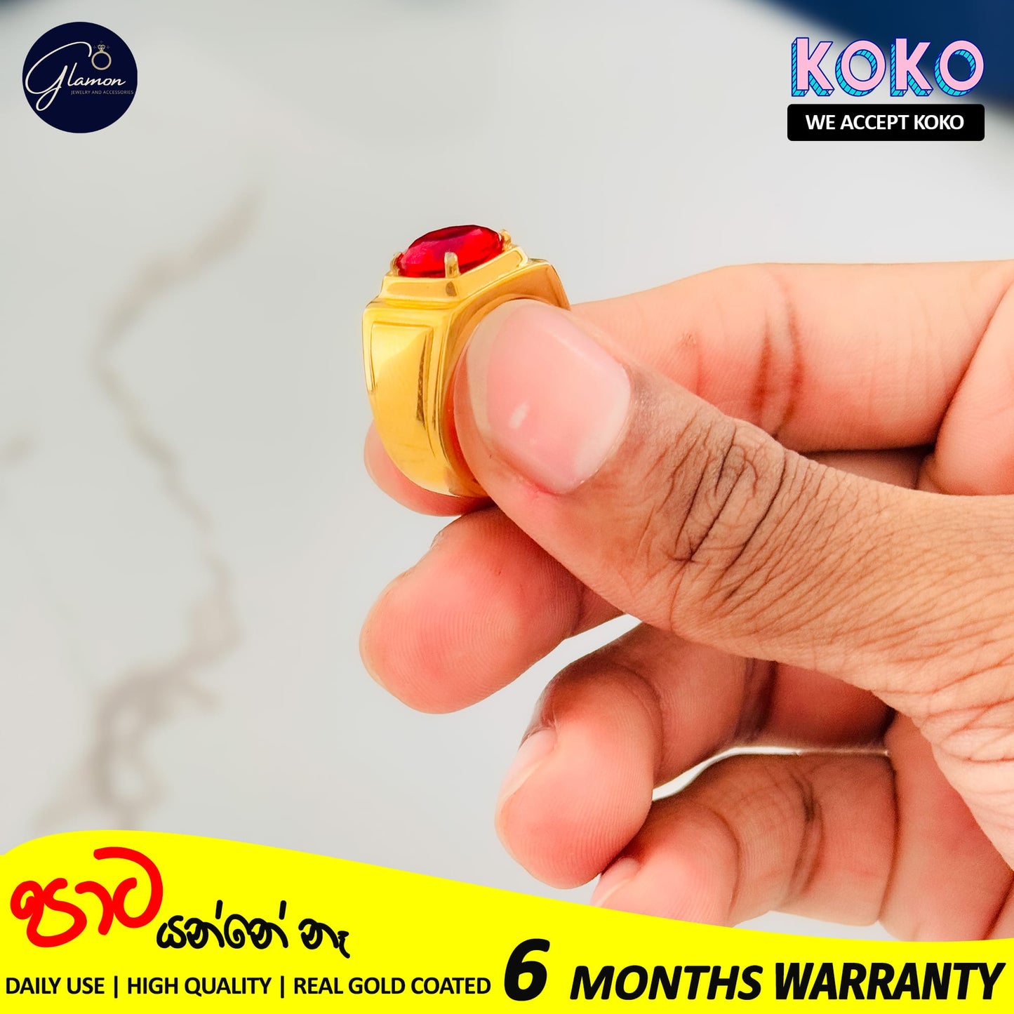 Glamon High Quality Gold Coated Red Zircon Ring For Men Stainless Steel Mens Rings Fashion Jewellery Gift For Boys