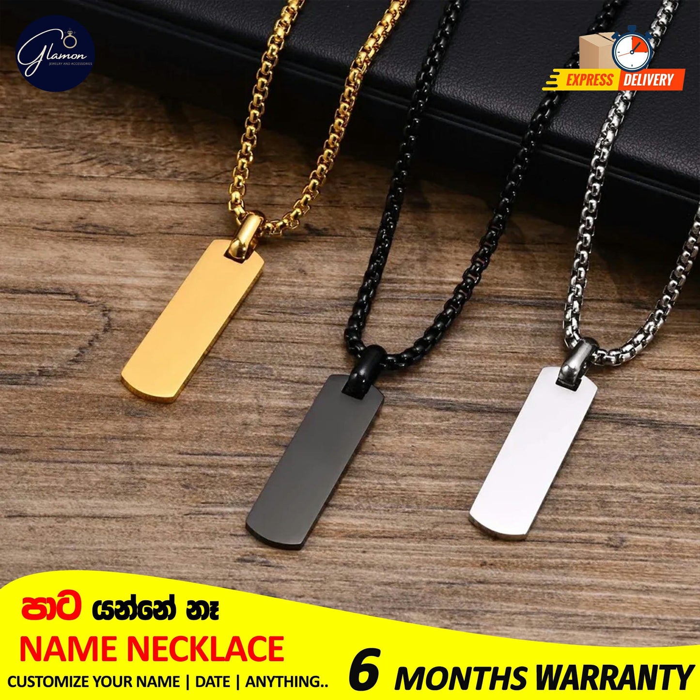Square Name Pendant Necklace For Men Stainless Steel Customized Jewellery Gift Gold Silver Black