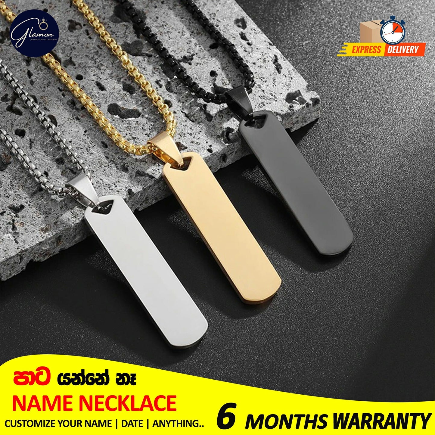 Square Name Pendant Necklace For Men Stainless Steel Customized Jewellery Gift Gold Silver Black