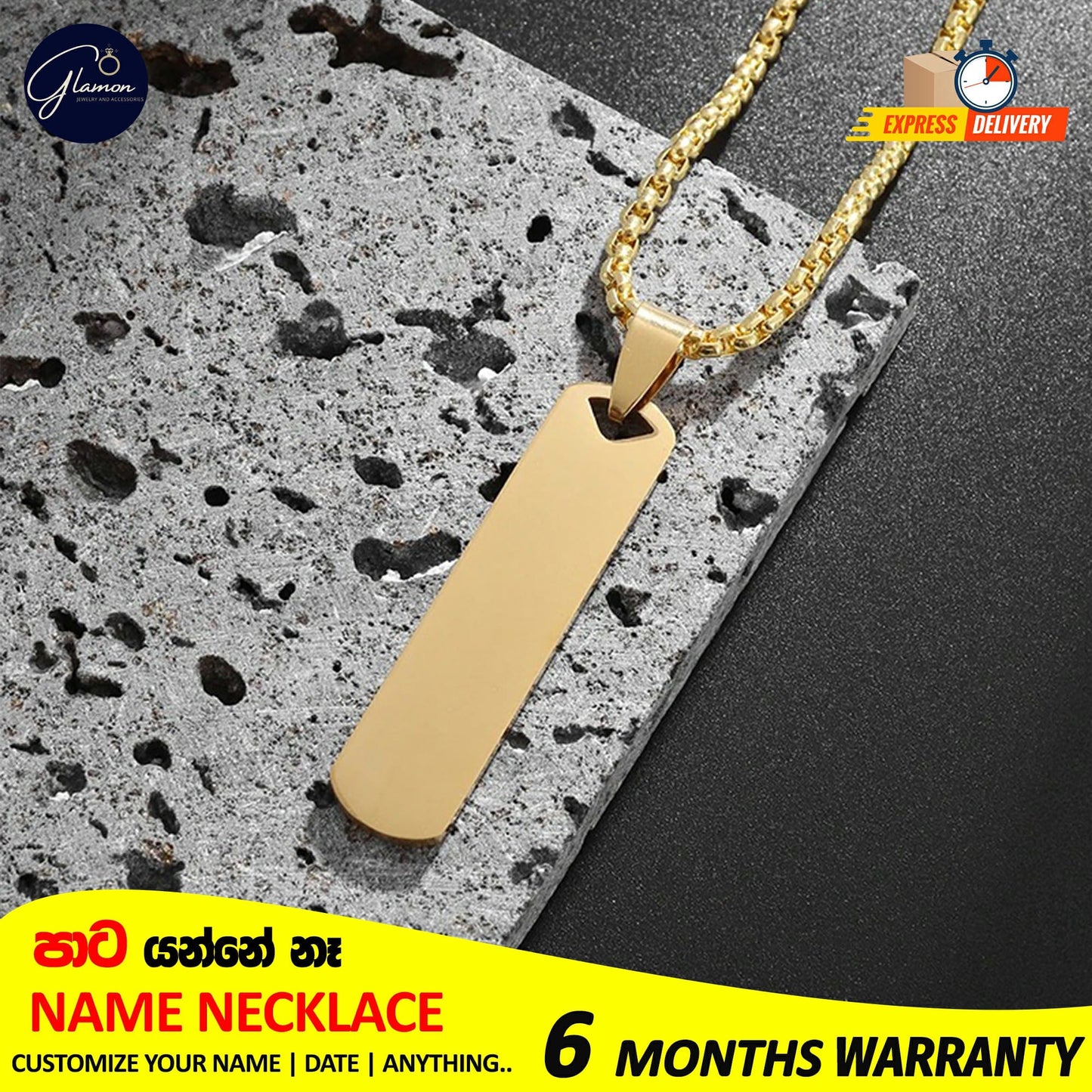 Square Name Pendant Necklace For Men Stainless Steel Customized Jewellery Gift Gold Silver Black