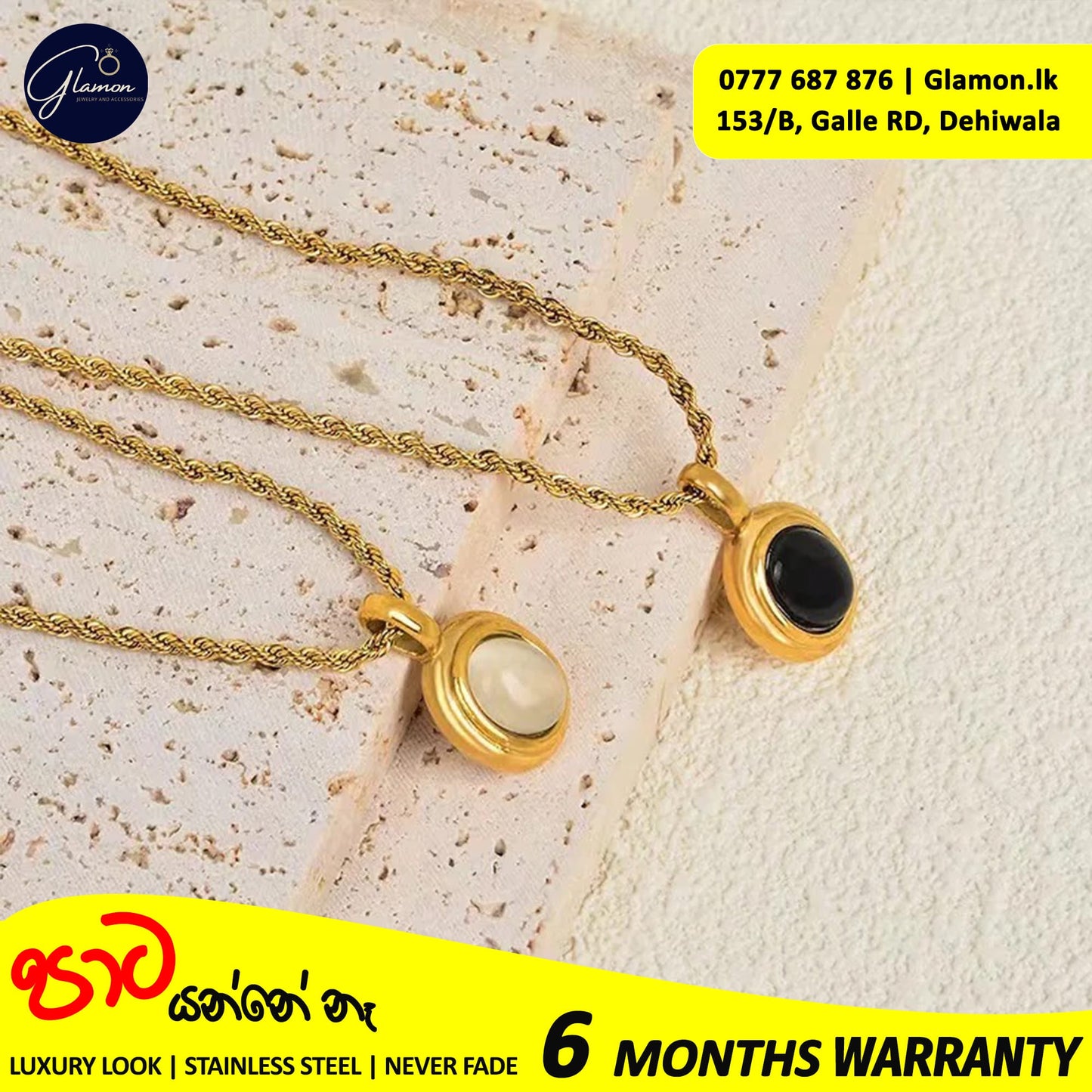 Oval Black -White Stone Pendant Necklace For Girls