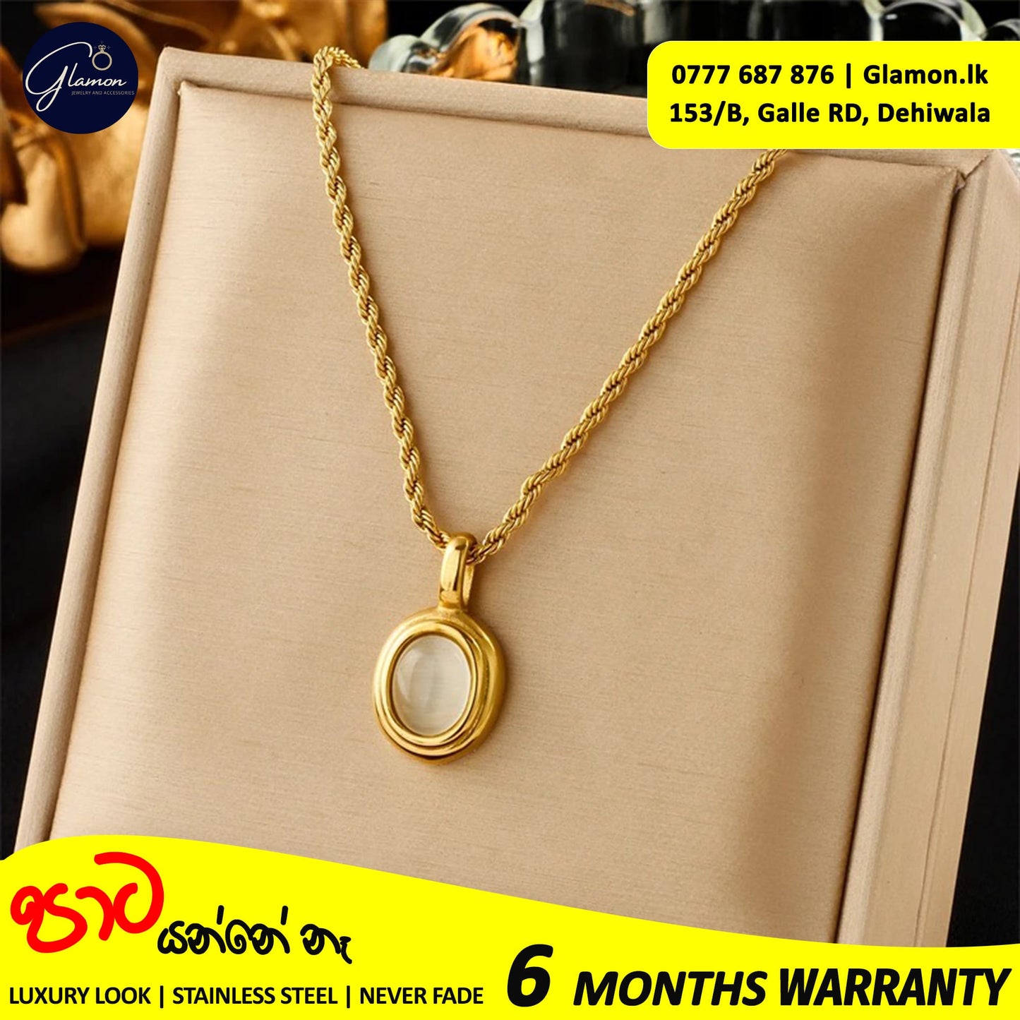 Oval Black -White Stone Pendant Necklace For Girls