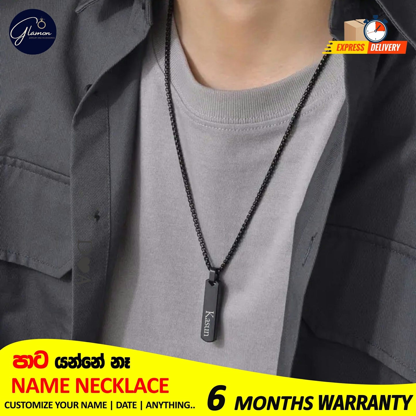 Square Name Pendant Necklace For Men Stainless Steel Customized Jewellery Gift Gold Silver Black