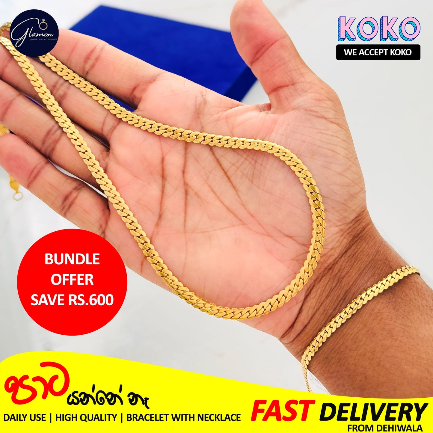 Bundle Offer - Glamon Gold Plated Sideways Chain Necklace with Bracelet For Men
