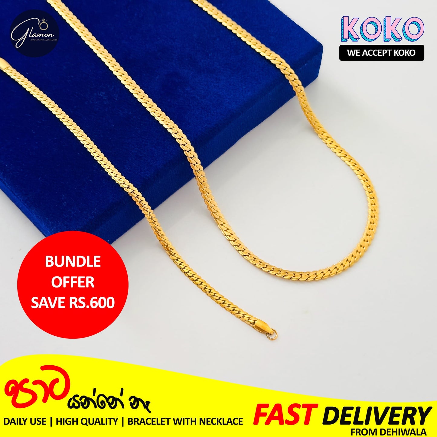 Bundle Offer - Glamon Gold Plated Sideways Chain Necklace with Bracelet For Men