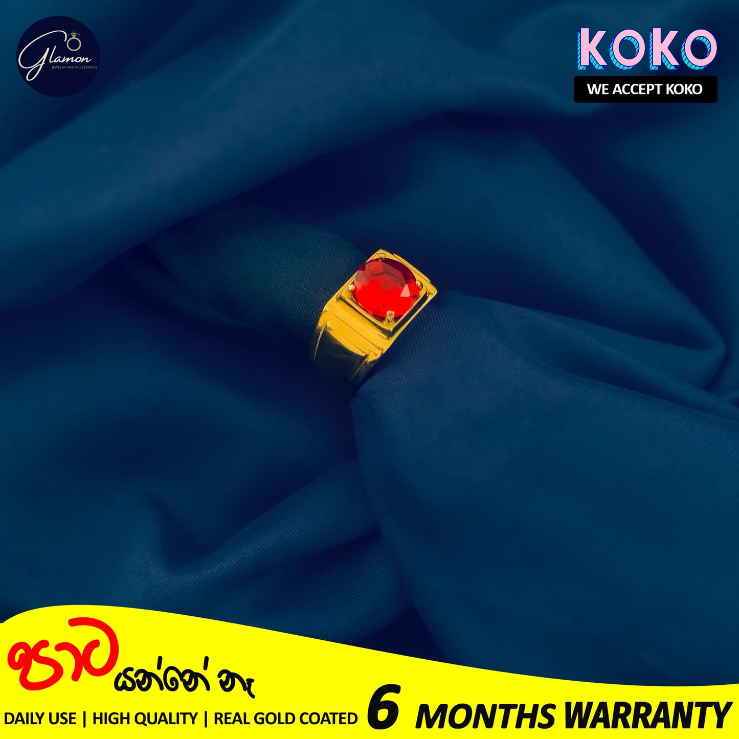 Glamon High Quality Gold Coated Red Zircon Ring For Men Stainless Steel Mens Rings Fashion Jewellery Gift For Boys