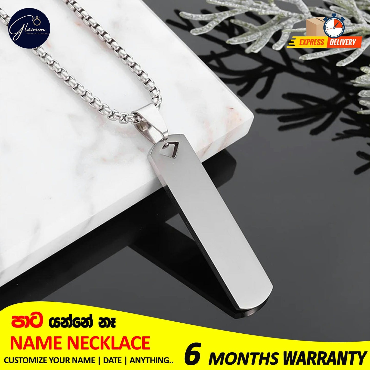Square Name Pendant Necklace For Men Stainless Steel Customized Jewellery Gift Gold Silver Black