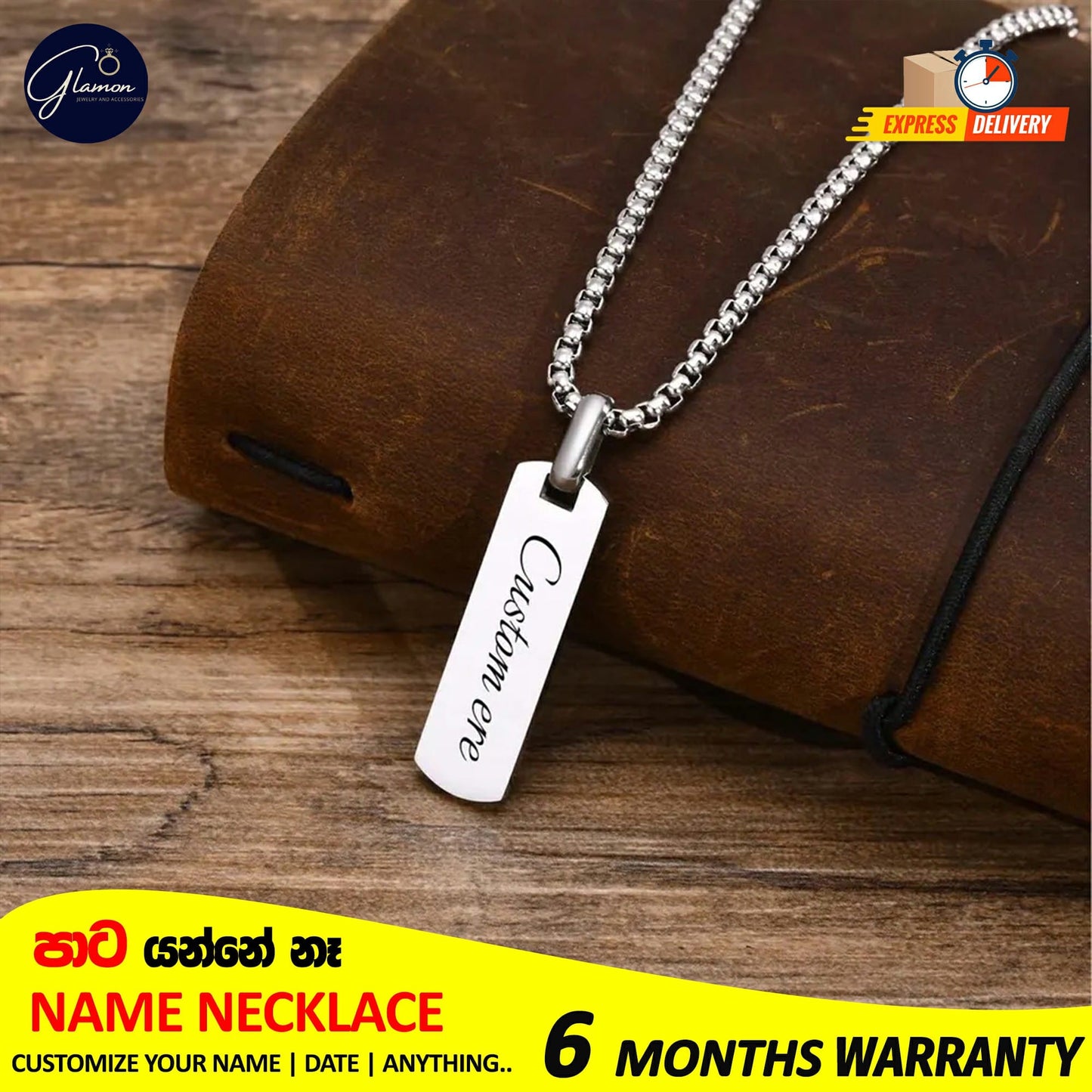 Square Name Pendant Necklace For Men Stainless Steel Customized Jewellery Gift Gold Silver Black