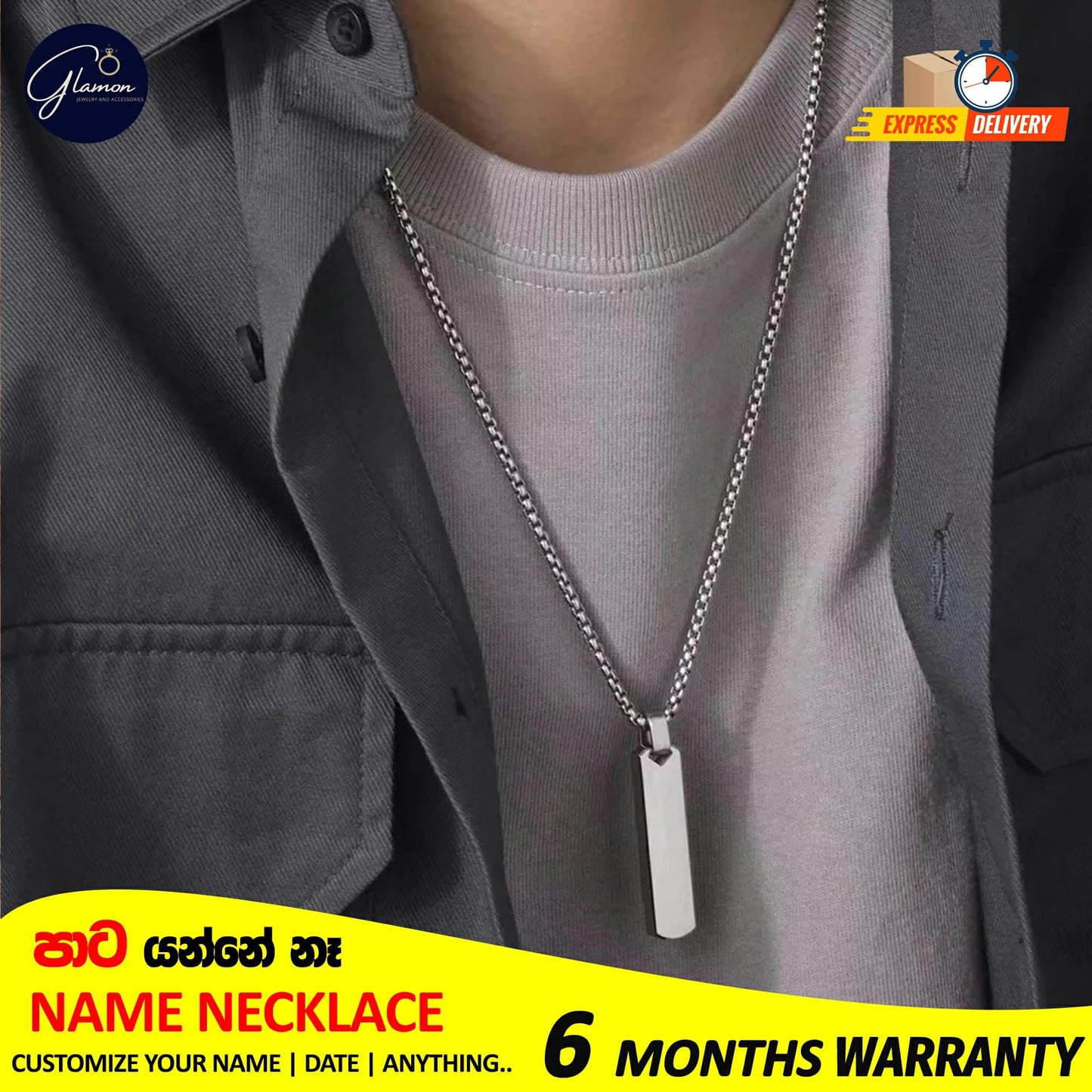Square Name Pendant Necklace For Men Stainless Steel Customized Jewellery Gift Gold Silver Black